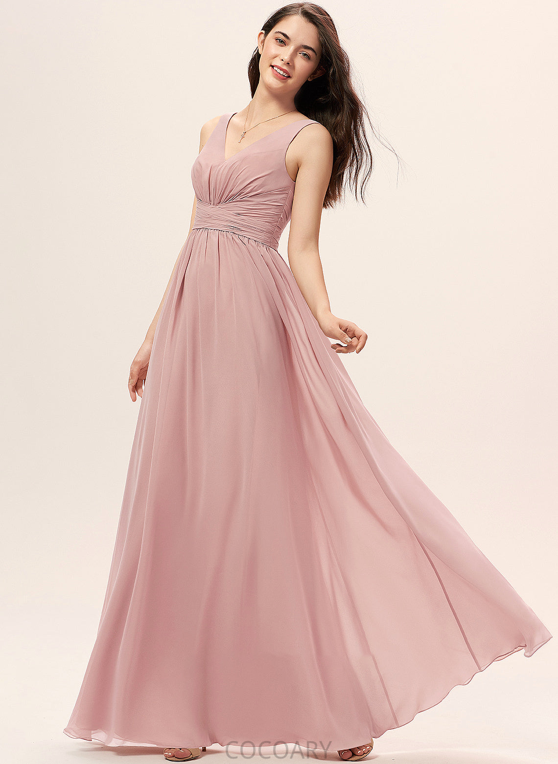 Neckline V-neck Ruffle A-Line Fabric Floor-Length Length Embellishment Silhouette Kinsley A-Line/Princess Natural Waist Bridesmaid Dresses