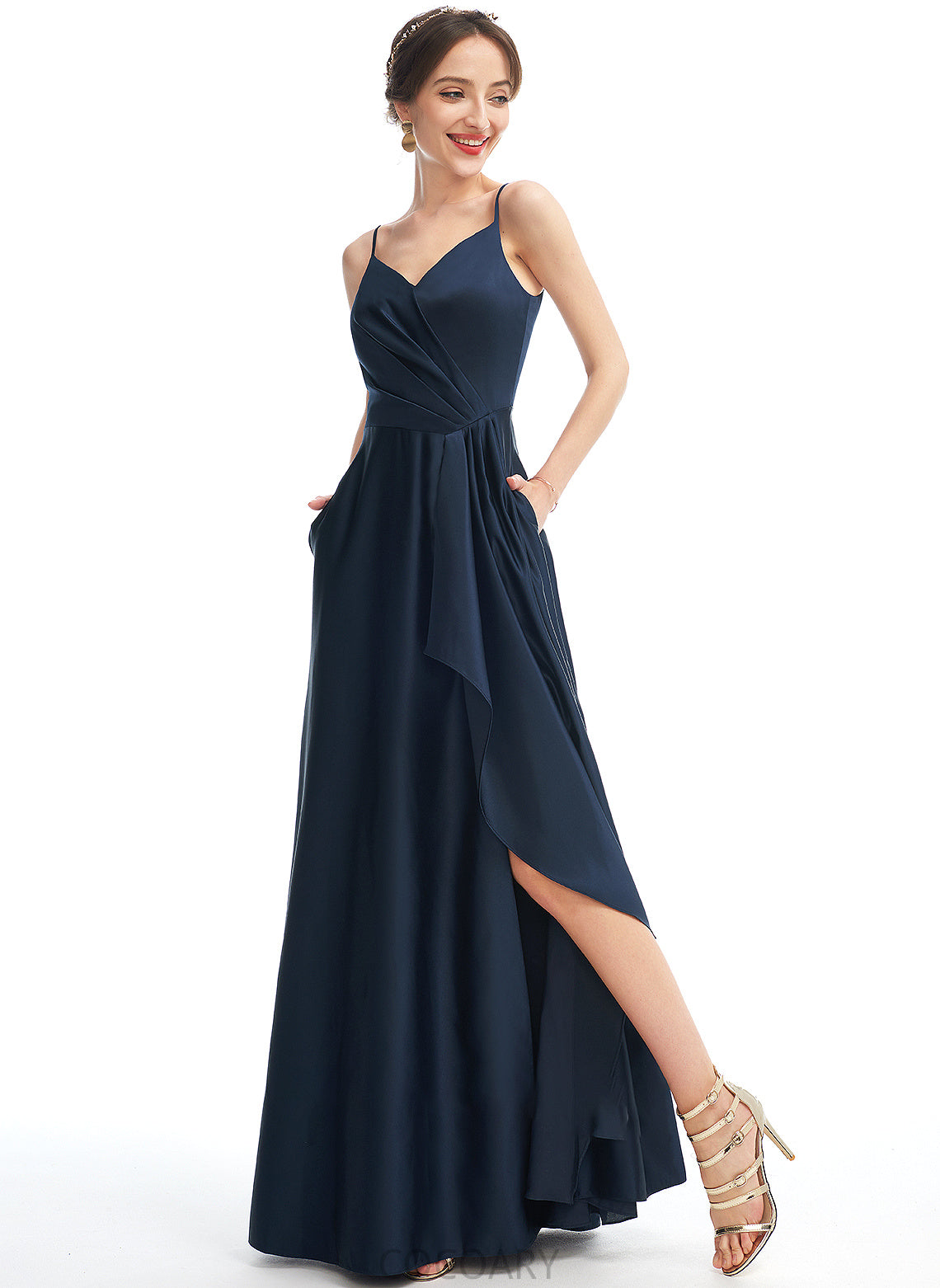 Length Silhouette V-neck Fabric SplitFront Neckline Pockets Embellishment A-Line Floor-Length Katelyn Natural Waist Bridesmaid Dresses