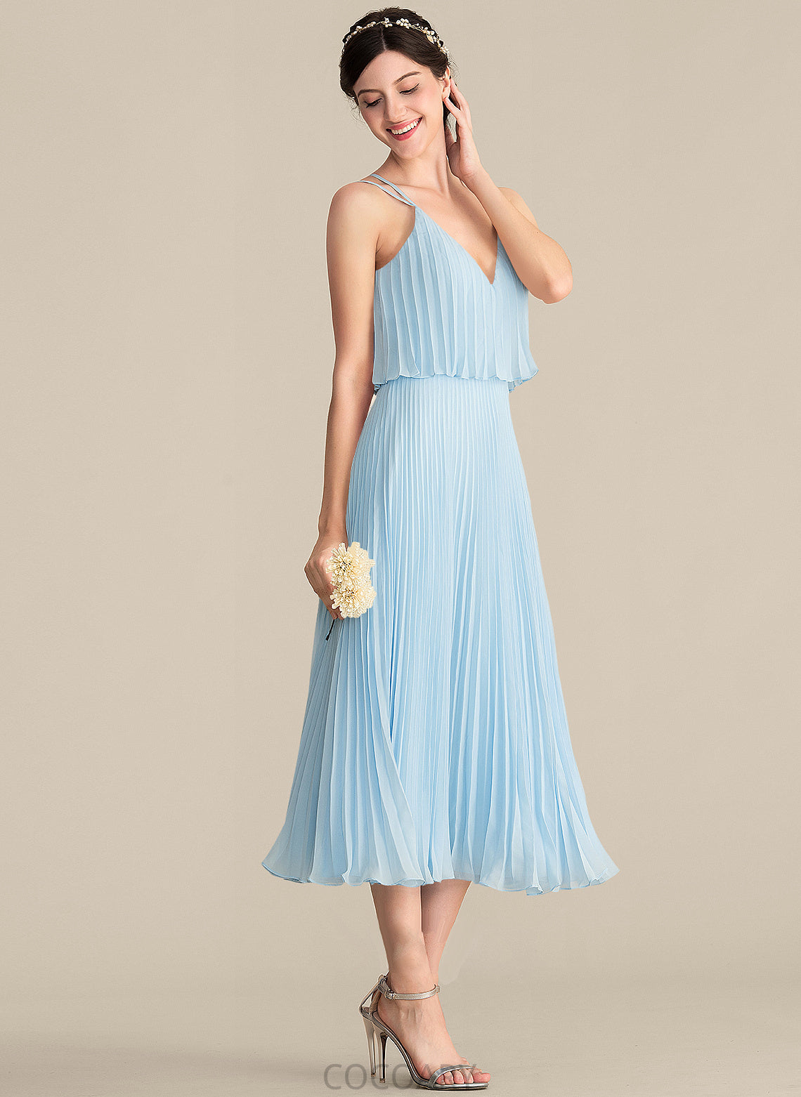 Neckline Silhouette Length Pleated Fabric Tea-Length A-Line Embellishment V-neck Rubi Spaghetti Staps A-Line/Princess Bridesmaid Dresses