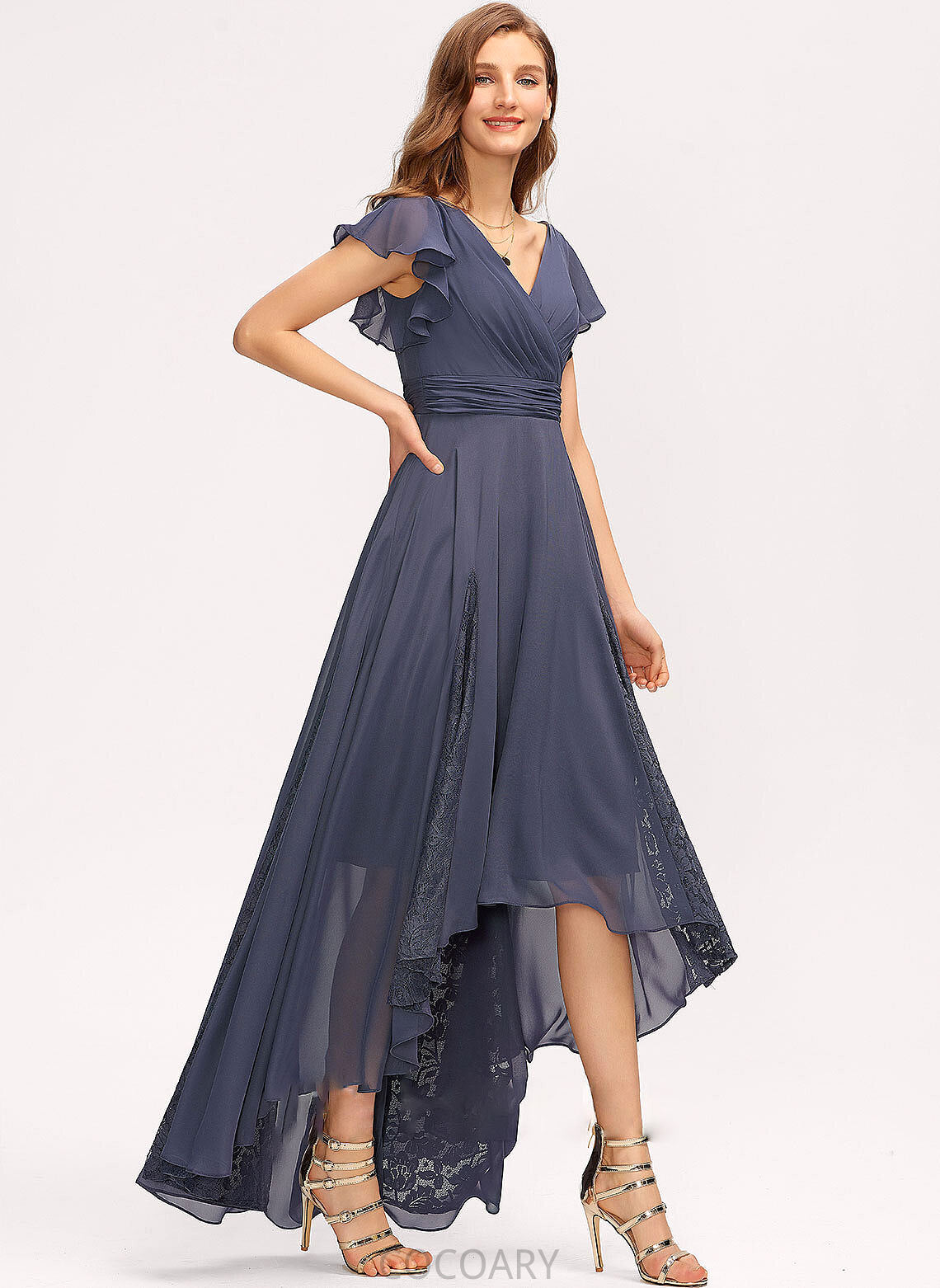 V-neck Asymmetrical Lace Ruffle Neckline A-Line Fabric Silhouette Embellishment Length Elaina Halter Bridesmaid Dresses