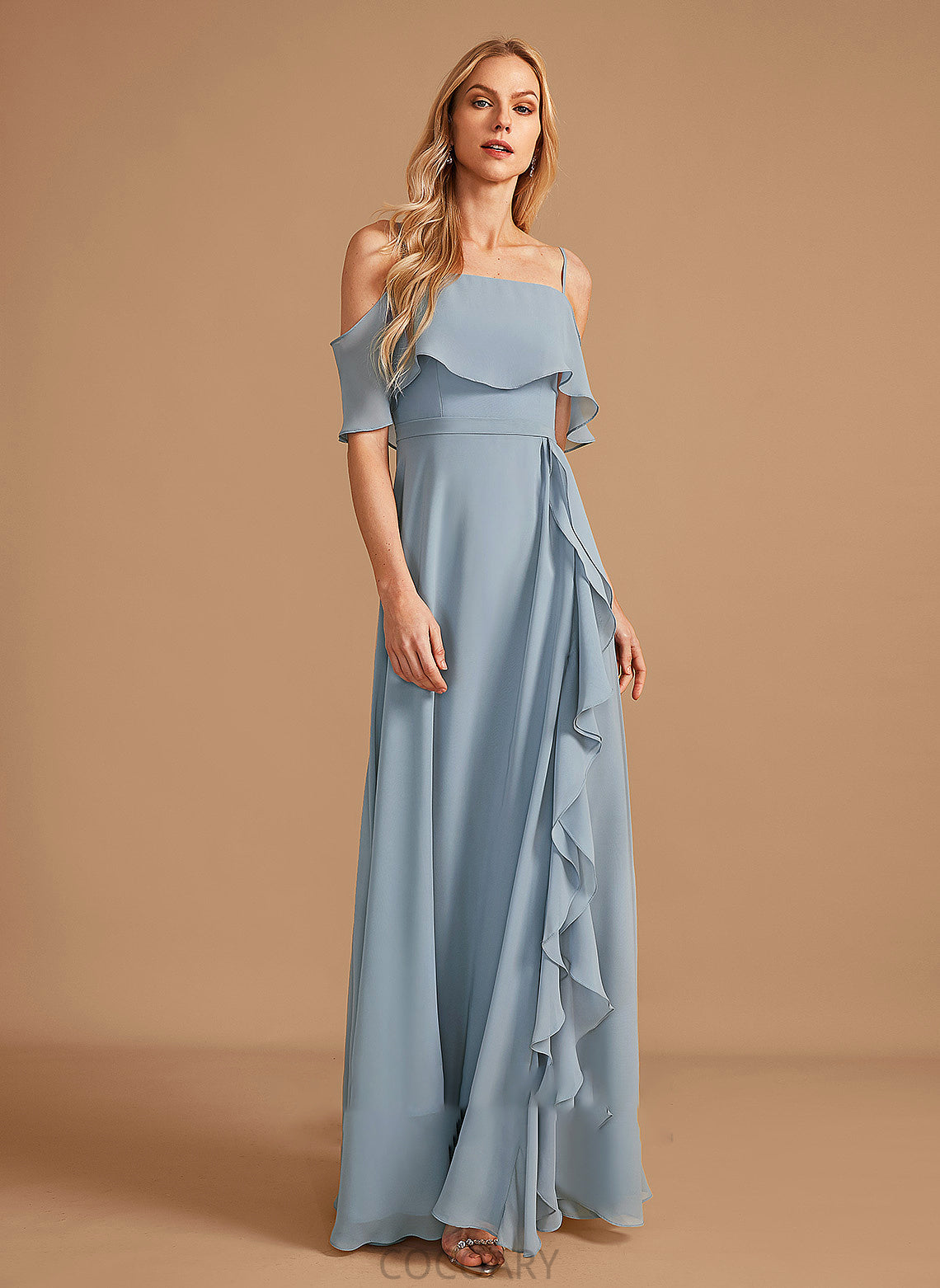 Ruffle Length A-Line Silhouette Embellishment SplitFront Neckline Fabric Floor-Length Off-the-Shoulder Lucile Floor Length Bridesmaid Dresses