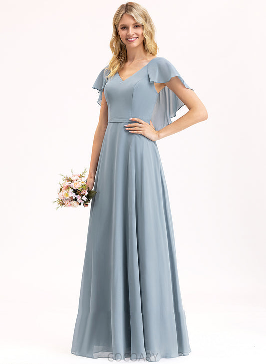 V-neck A-Line Silhouette Embellishment Length Floor-Length CascadingRuffles Neckline Fabric Elisa Sleeveless A-Line/Princess Bridesmaid Dresses