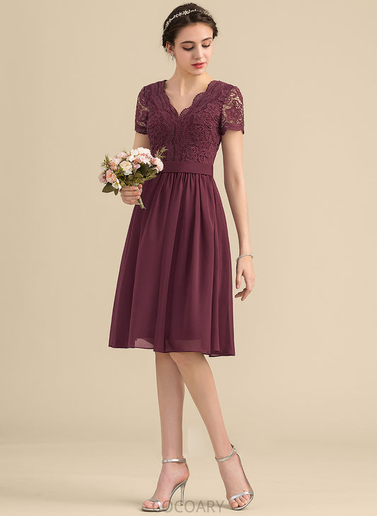 Neckline Knee-Length Silhouette Straps Lace Fabric A-Line Length V-neck Jeanie V-Neck Natural Waist Bridesmaid Dresses