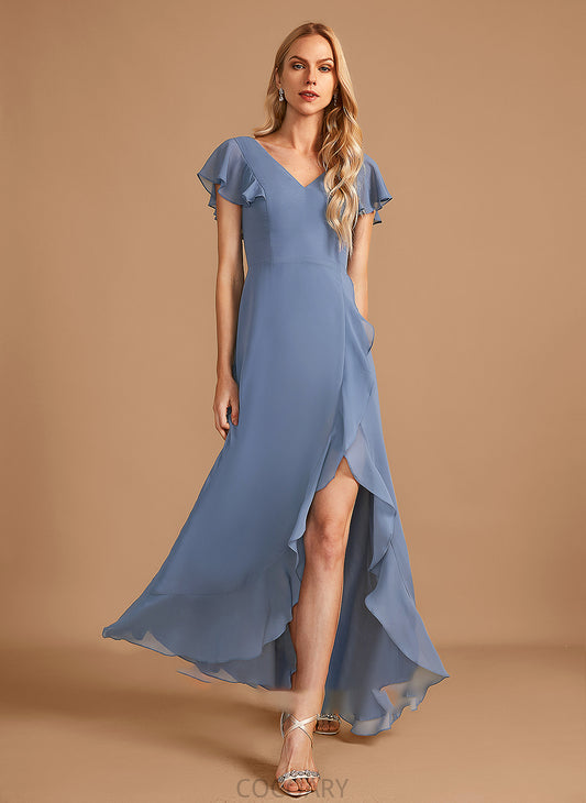 V-neck Fabric SplitFront Neckline Silhouette Embellishment Asymmetrical Length A-Line Ruffle Ana Natural Waist Bridesmaid Dresses