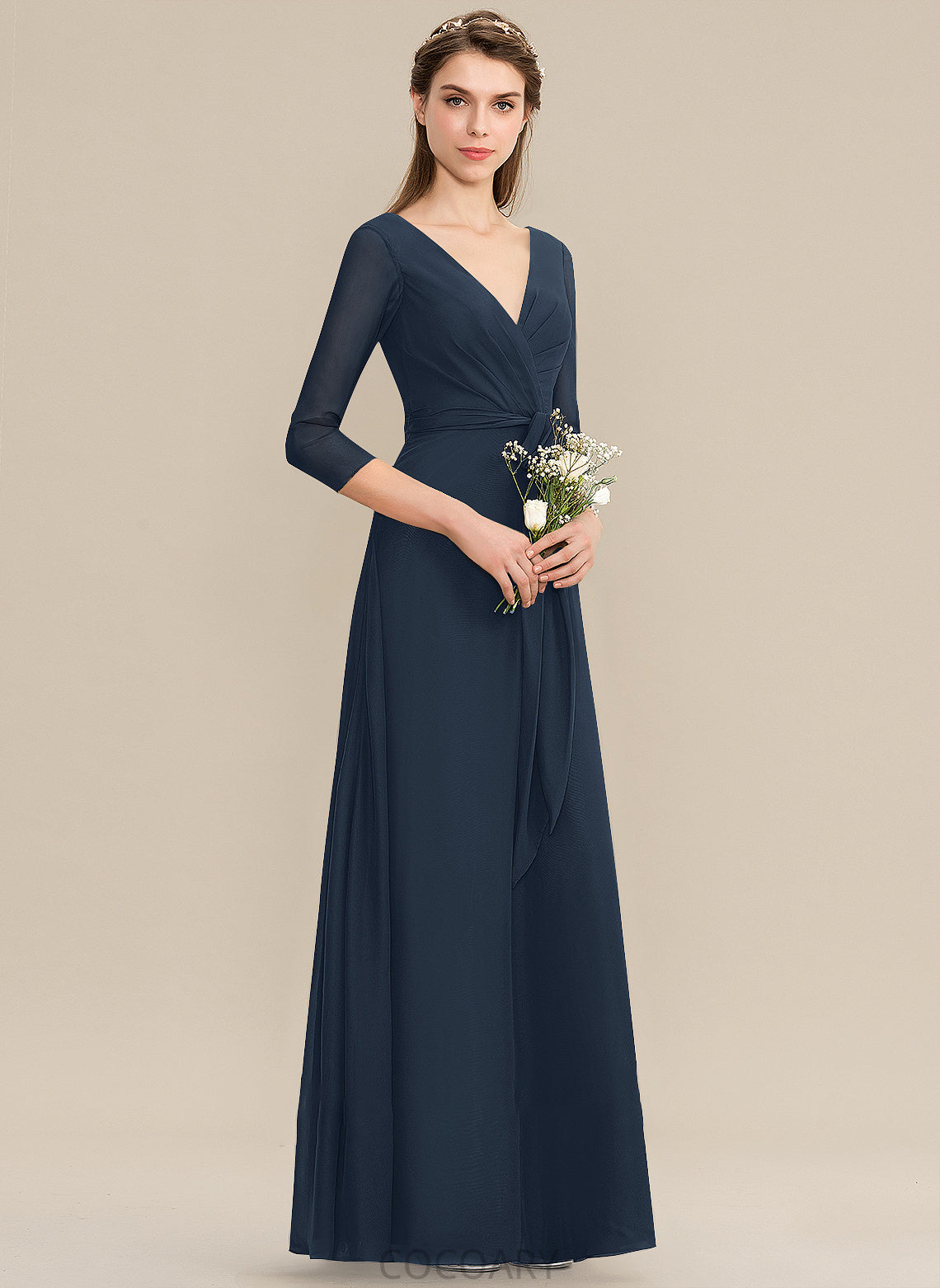 Fabric Silhouette Embellishment V-neck Neckline Ruffle A-Line Length Bow(s) Floor-Length Genevieve A-Line/Princess Bridesmaid Dresses