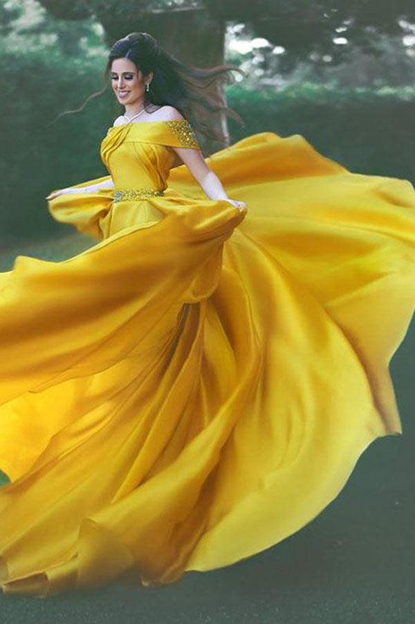 Yellow A Line Court Train Off Shoulder Ruffles Long Prom Dresses