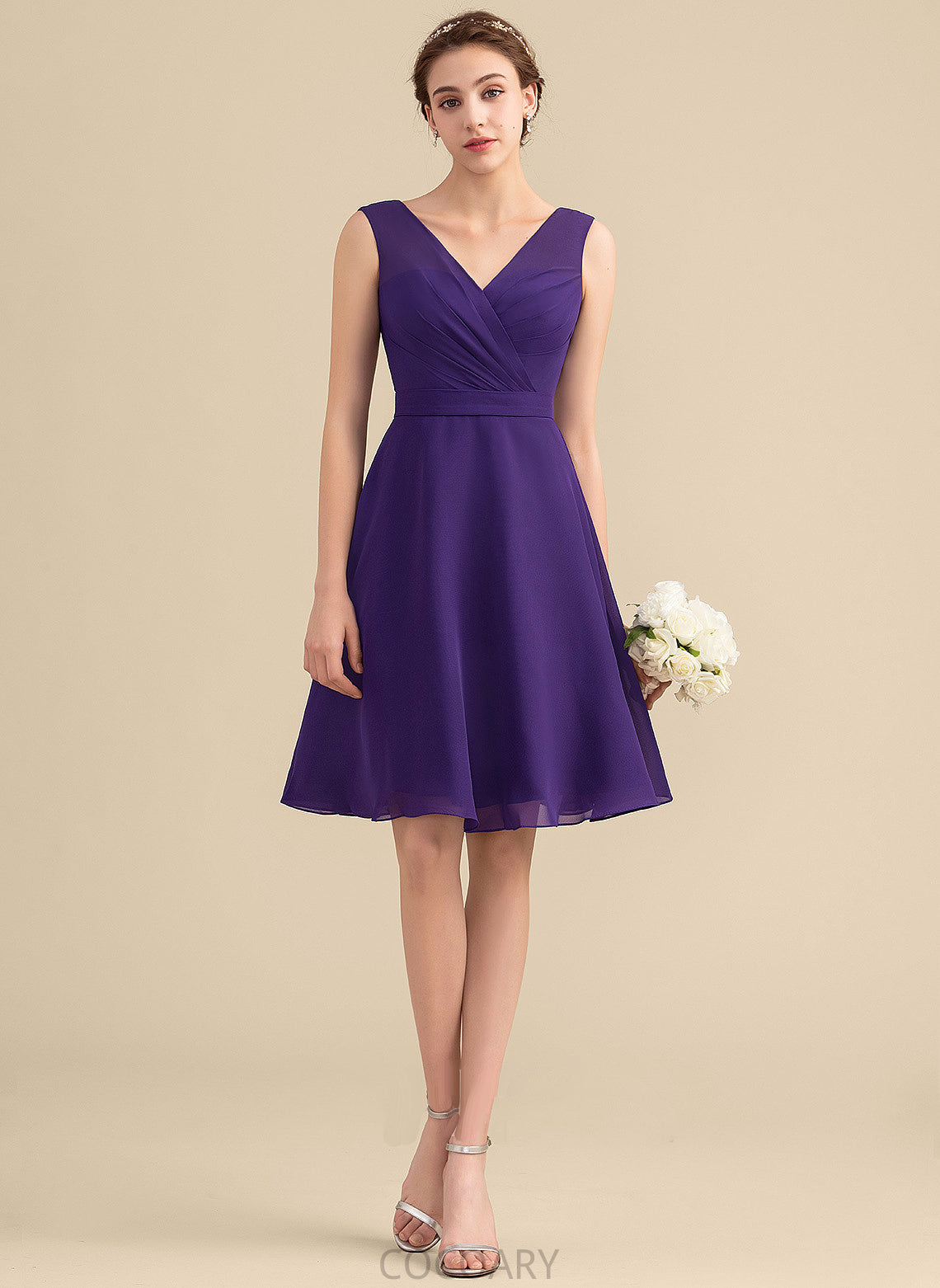 Silhouette Ruffle Knee-Length V-neck Neckline Embellishment A-Line Fabric Length Damaris Sleeveless Spaghetti Staps Bridesmaid Dresses