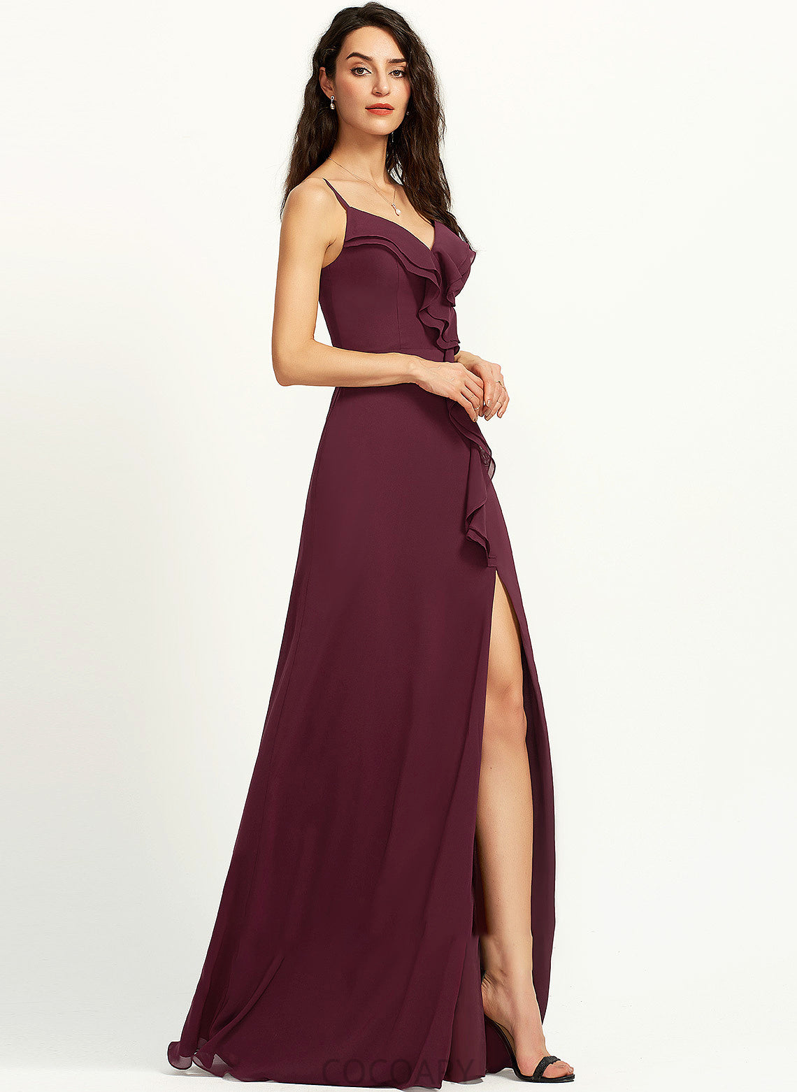 Fabric Silhouette Ruffle SplitFront Neckline V-neck Length Sheath/Column Floor-Length Embellishment Prudence Halter Bridesmaid Dresses