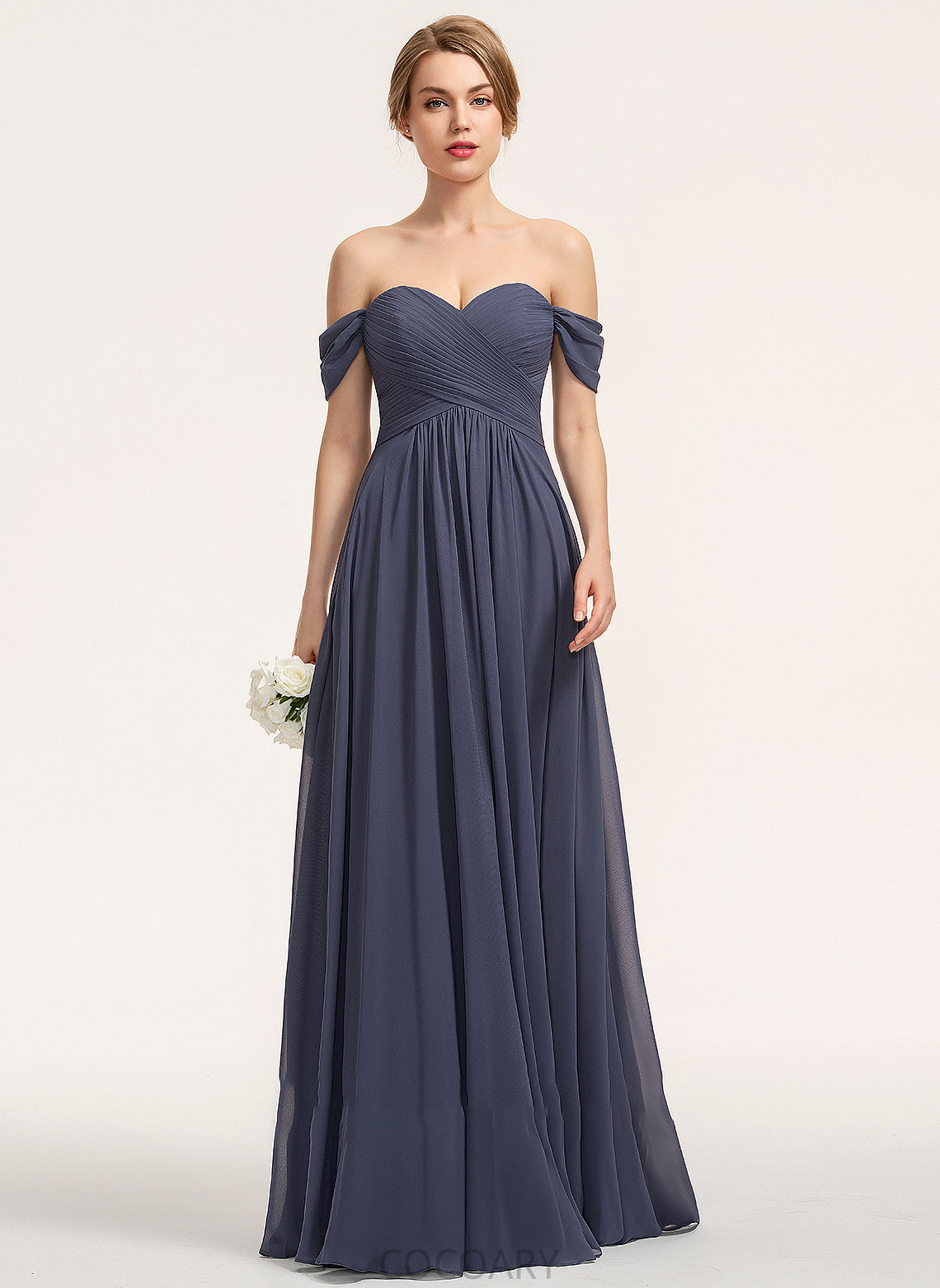 Length Floor-Length A-Line Silhouette Neckline Fabric Off-the-Shoulder Ruffle Embellishment Nicole Natural Waist V-Neck Bridesmaid Dresses