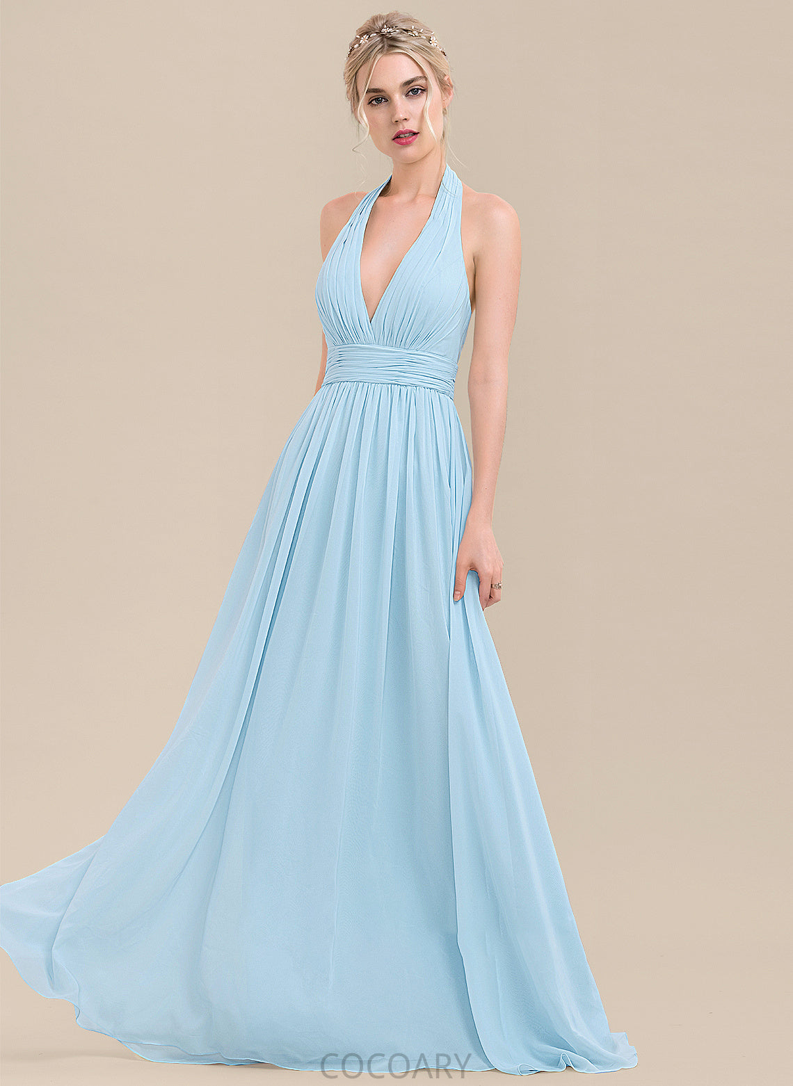 A-Line Silhouette Embellishment Ruffle Length Neckline Fabric Floor-Length Halter Jillian A-Line/Princess Natural Waist Bridesmaid Dresses