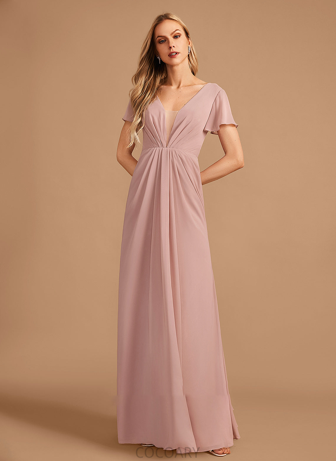 Ruffle A-Line Fabric Embellishment Neckline Silhouette V-neck Floor-Length Length Allyson Straps A-Line/Princess Bridesmaid Dresses