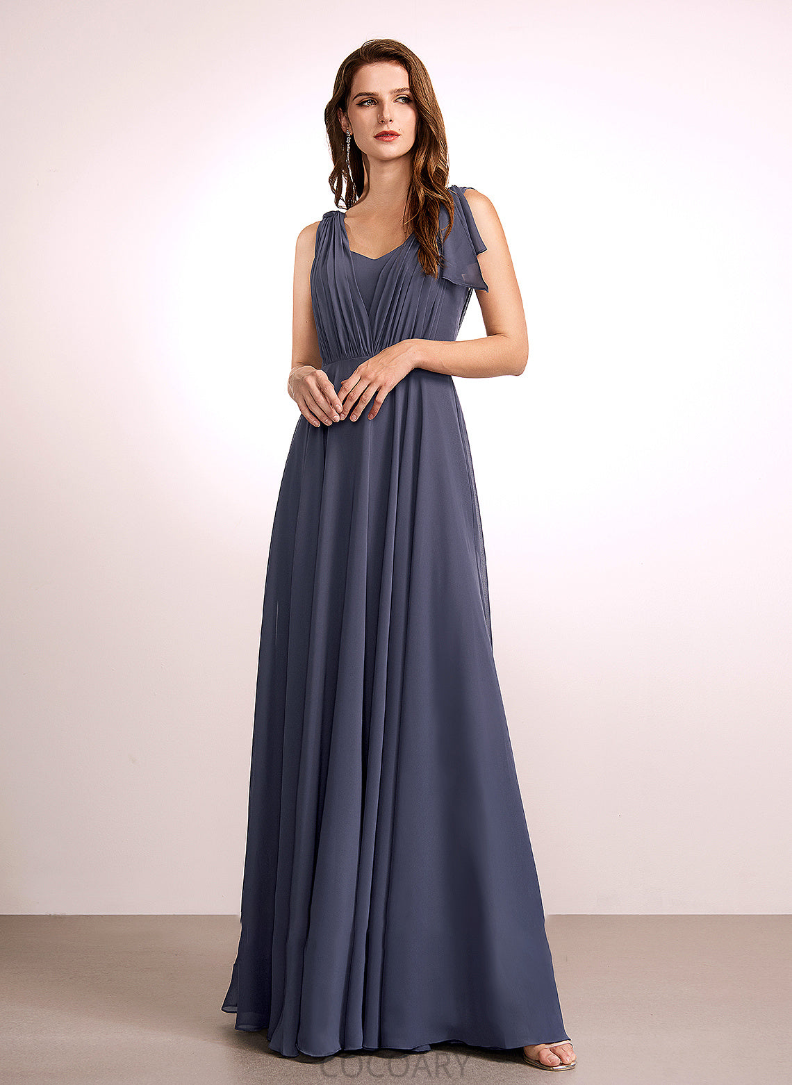 Ruffle Floor-Length Length A-Line Neckline Silhouette Fabric Embellishment V-neck Tiffany Sleeveless Spaghetti Staps Bridesmaid Dresses