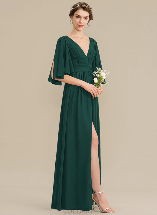 Neckline Fabric SplitFront Silhouette Bow(s) Floor-Length A-Line Length V-neck Ruffle Embellishment Leia Bridesmaid Dresses