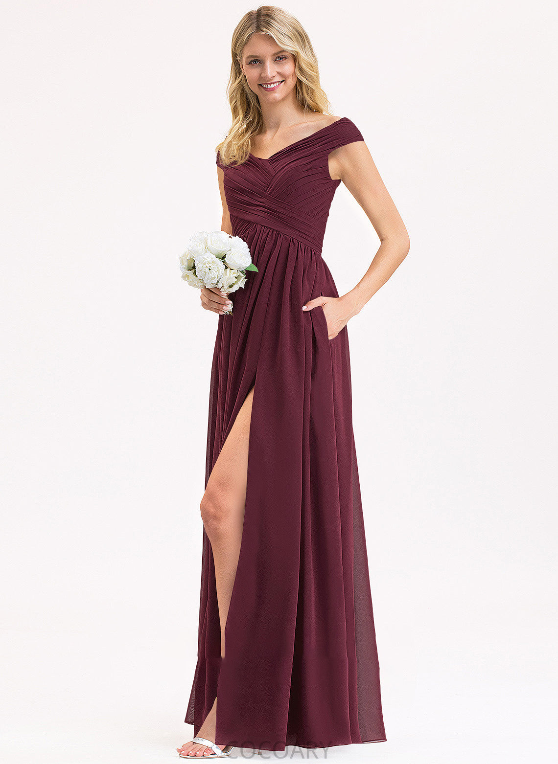 Floor-Length Silhouette Pockets A-Line Ruffle SplitFront Fabric Embellishment Off-the-Shoulder Length Neckline Liz Bridesmaid Dresses