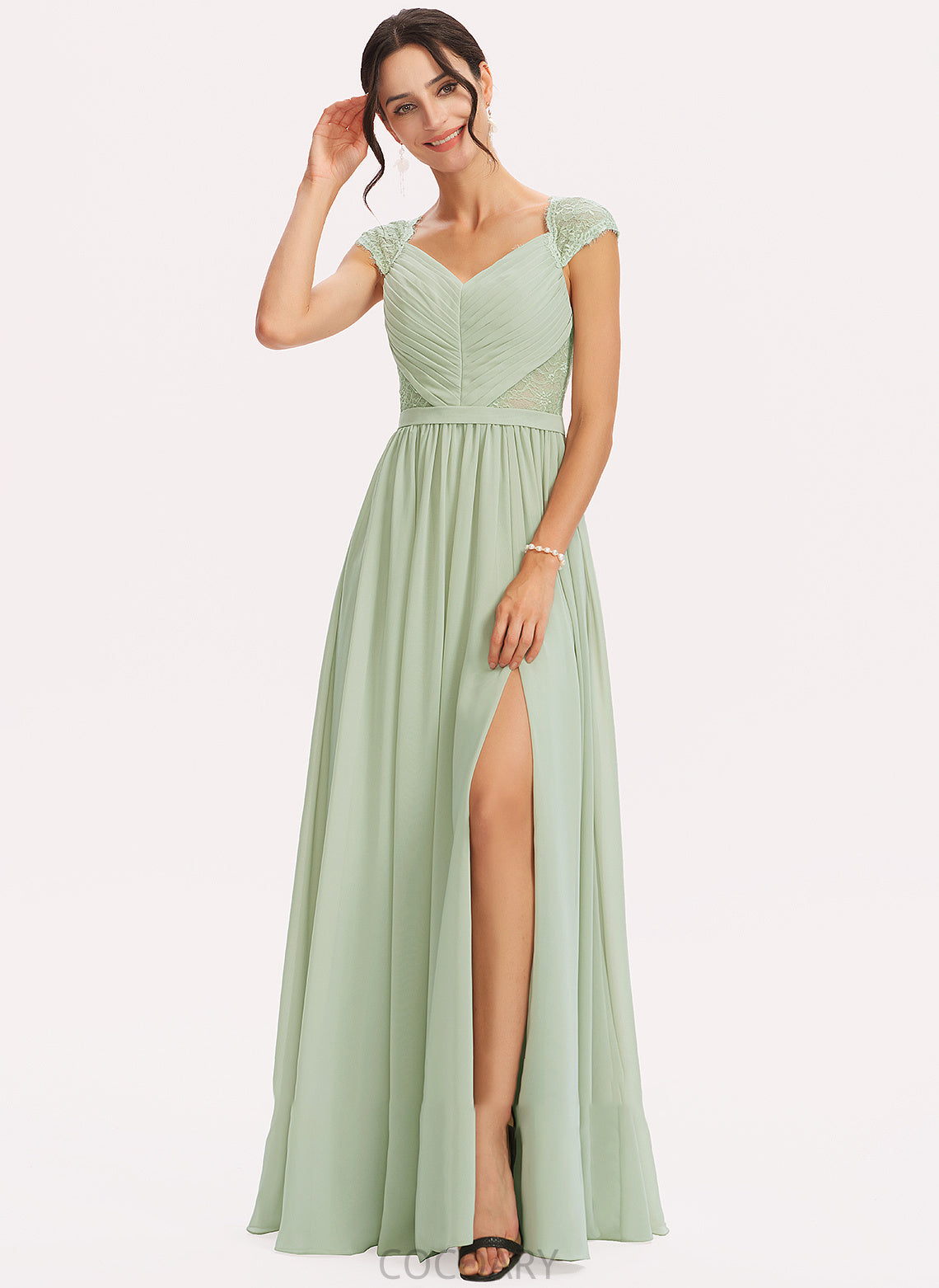 Neckline Silhouette Floor-Length V-neck Embellishment A-Line Lace Length SplitFront Fabric Karsyn Natural Waist Bridesmaid Dresses