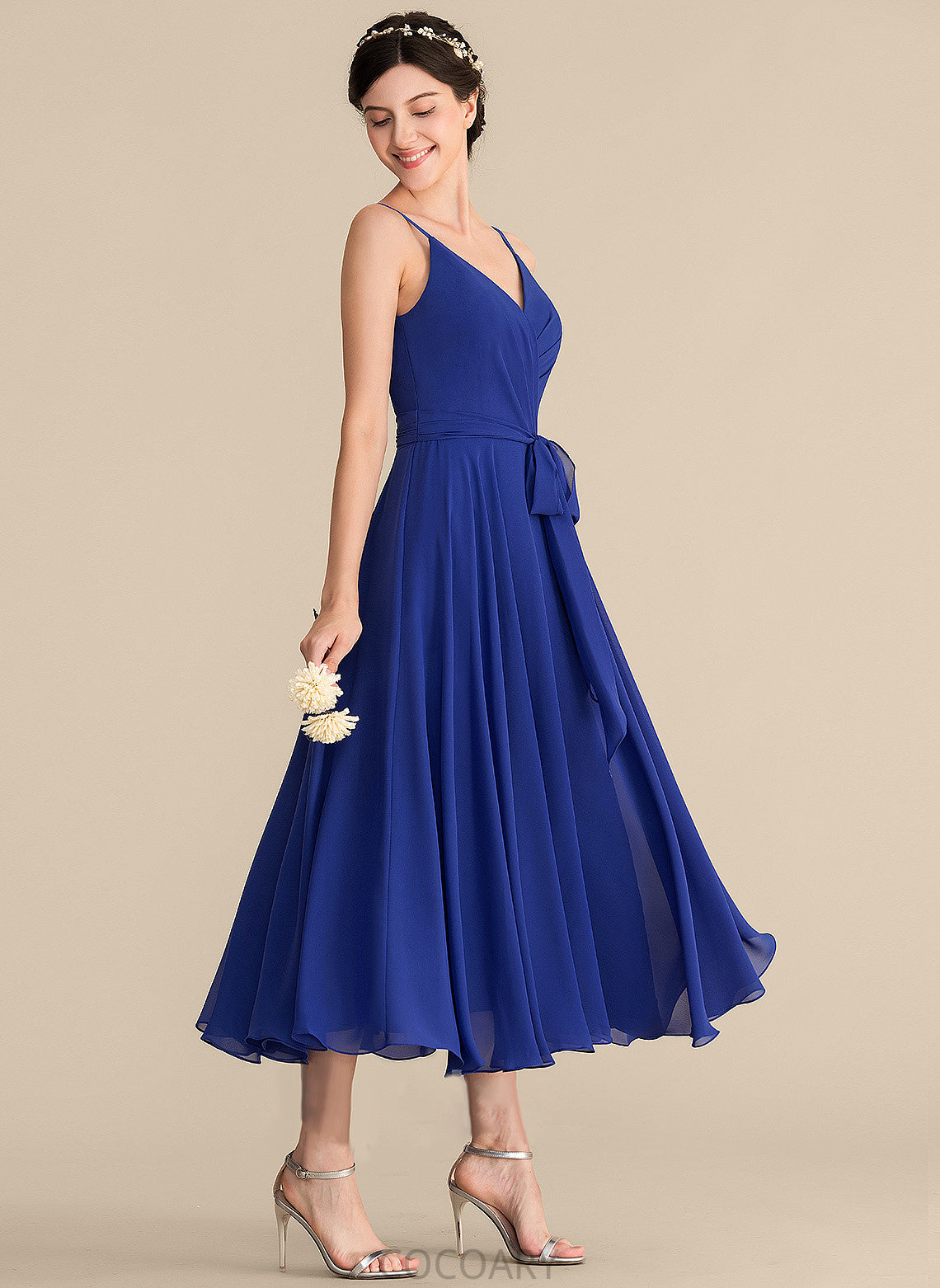 Ruffle A-Line V-neck Fabric Bow(s) Embellishment Silhouette Length Tea-Length Neckline Naima Floor Length Bridesmaid Dresses