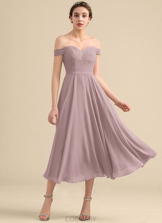 Beading A-Line Silhouette Off-the-Shoulder Fabric Length Sequins Neckline Embellishment Tea-Length Nola Sleeveless Bridesmaid Dresses