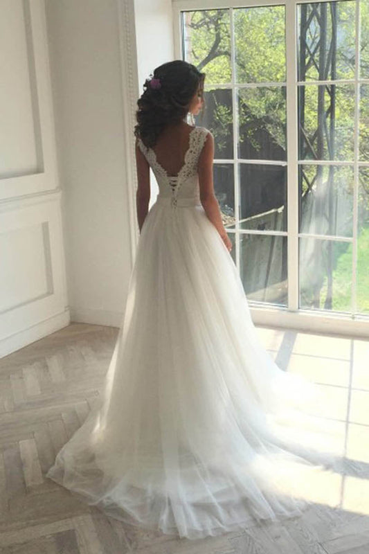 Charming Ivory Tulle Lace Up A-line Sweep Train Wedding Dresses