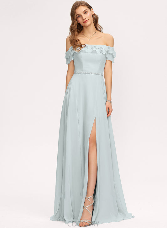 Off-the-Shoulder A-Line SplitFront Embellishment Floor-Length CascadingRuffles Length Silhouette Beading Fabric Neckline Charlie Bridesmaid Dresses