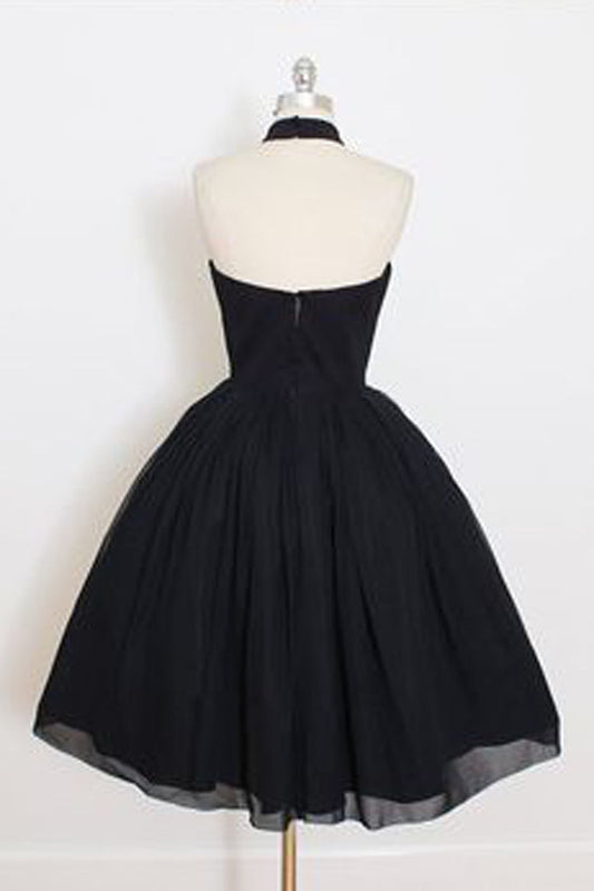 Black Halter A Line Sleeveless Tulle Ball Gown Mid Homecoming Dresses