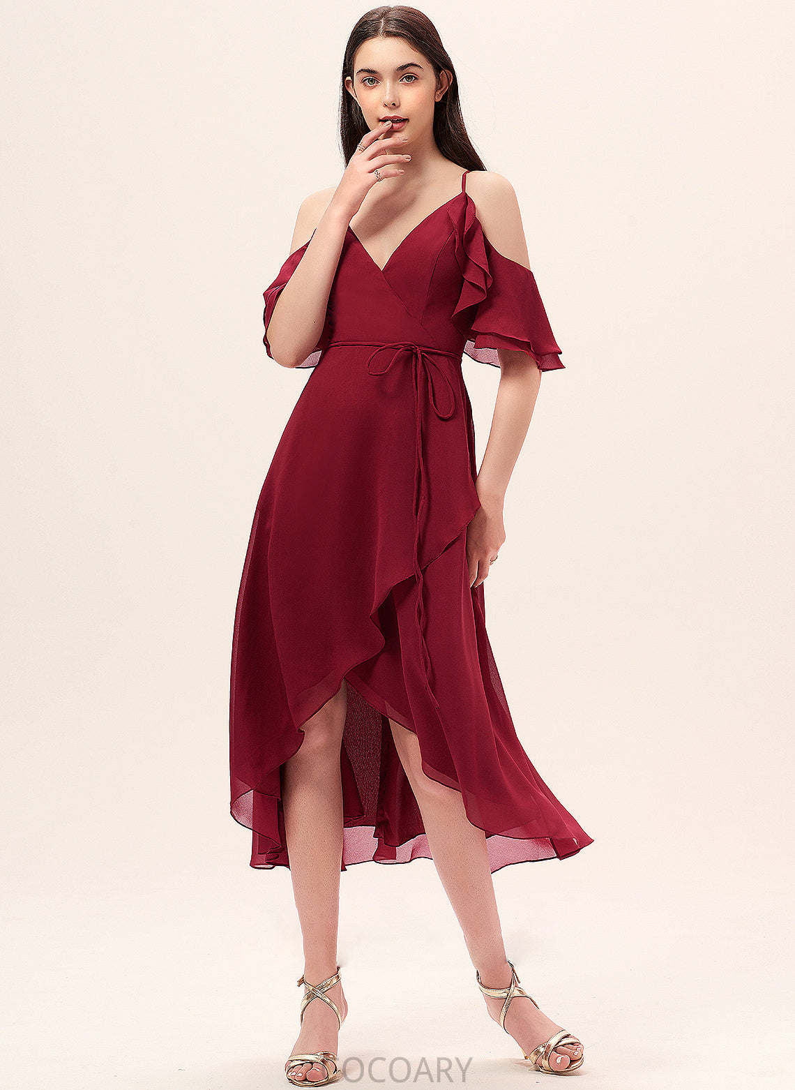 Asymmetrical Silhouette Neckline A-Line Length CascadingRuffles V-neck Fabric Embellishment Ximena Sleeveless Off The Shoulder Bridesmaid Dresses