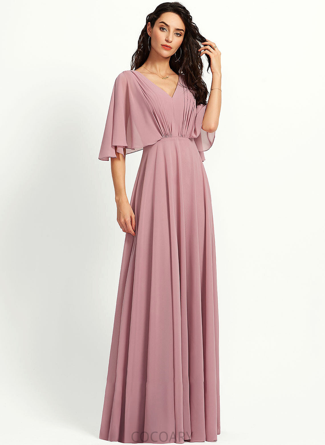 A-Line Fabric Silhouette V-neck Ruffle Floor-Length Length Neckline Embellishment Renee Floor Length V-Neck Bridesmaid Dresses