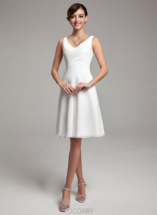 Knee-Length Beading Length Sequins Silhouette Fabric V-neck A-Line Ruffle Embellishment Neckline June Bridesmaid Dresses