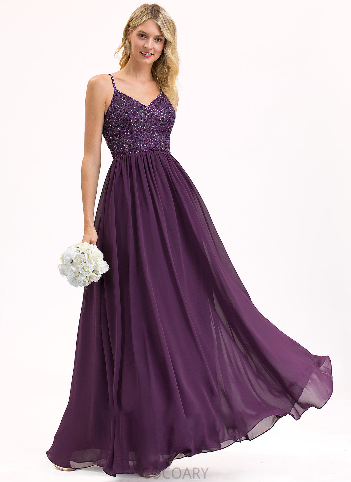 Floor-Length Fabric V-neck Beading Length A-Line Embellishment Sequins Silhouette Neckline Rosalie A-Line/Princess Bridesmaid Dresses