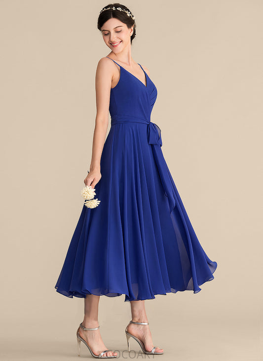 Tea-Length Neckline Silhouette Fabric Length Ruffle A-Line Bow(s) Embellishment V-neck Madilyn Sleeveless Bridesmaid Dresses