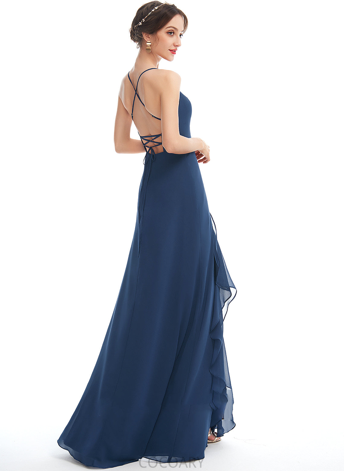 A-Line Floor-Length Silhouette Fabric Ruffle Length Neckline SplitFront Embellishment V-neck Adison Natural Waist Bridesmaid Dresses