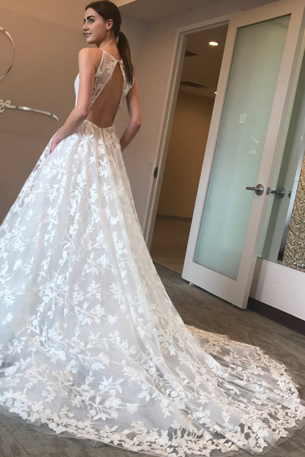 Unique Elegant A Line Court Train V Neck Sleeveless Open Back Lace Wedding Dresses With Pockets