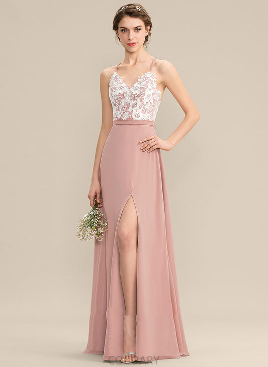 Silhouette Length Embellishment A-Line Fabric SplitFront Floor-Length V-neck Neckline Kira Floor Length Sleeveless Bridesmaid Dresses