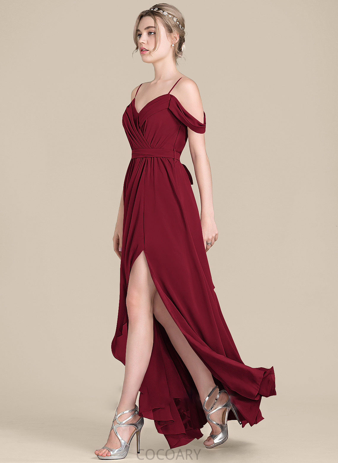 Bow(s) Embellishment Neckline V-neck Silhouette Floor-Length CascadingRuffles Length A-Line Fabric SplitFront Haylie Bridesmaid Dresses