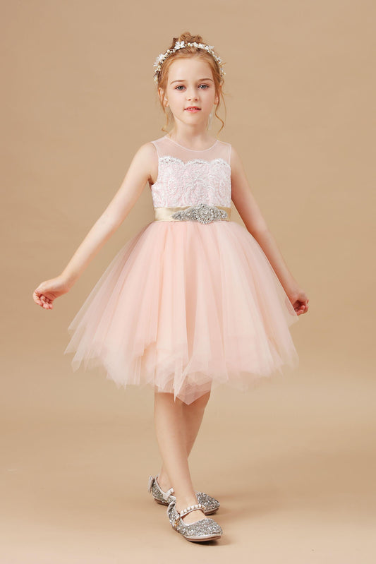 Chic Asymmetrical Sleeveless Applique Tulle Satin Flower Girl Dresses With Rhinestone Belt