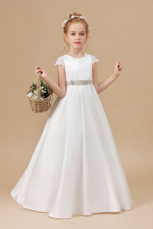 A-line Floor Length Bowknot Ivory Satin Flower Girl Dresses With Rhinestones Waist