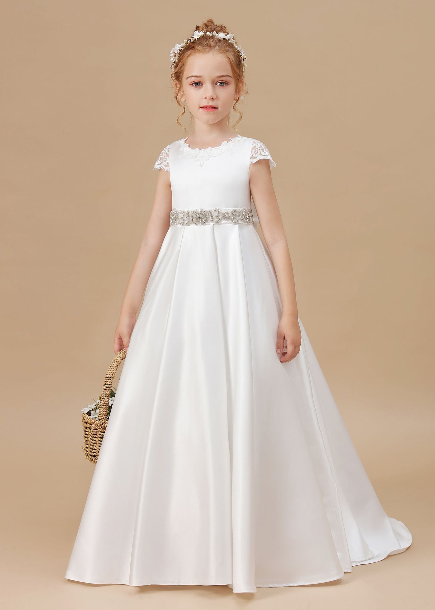 A-line Floor Length Bowknot Ivory Satin Flower Girl Dresses With Rhinestones Waist