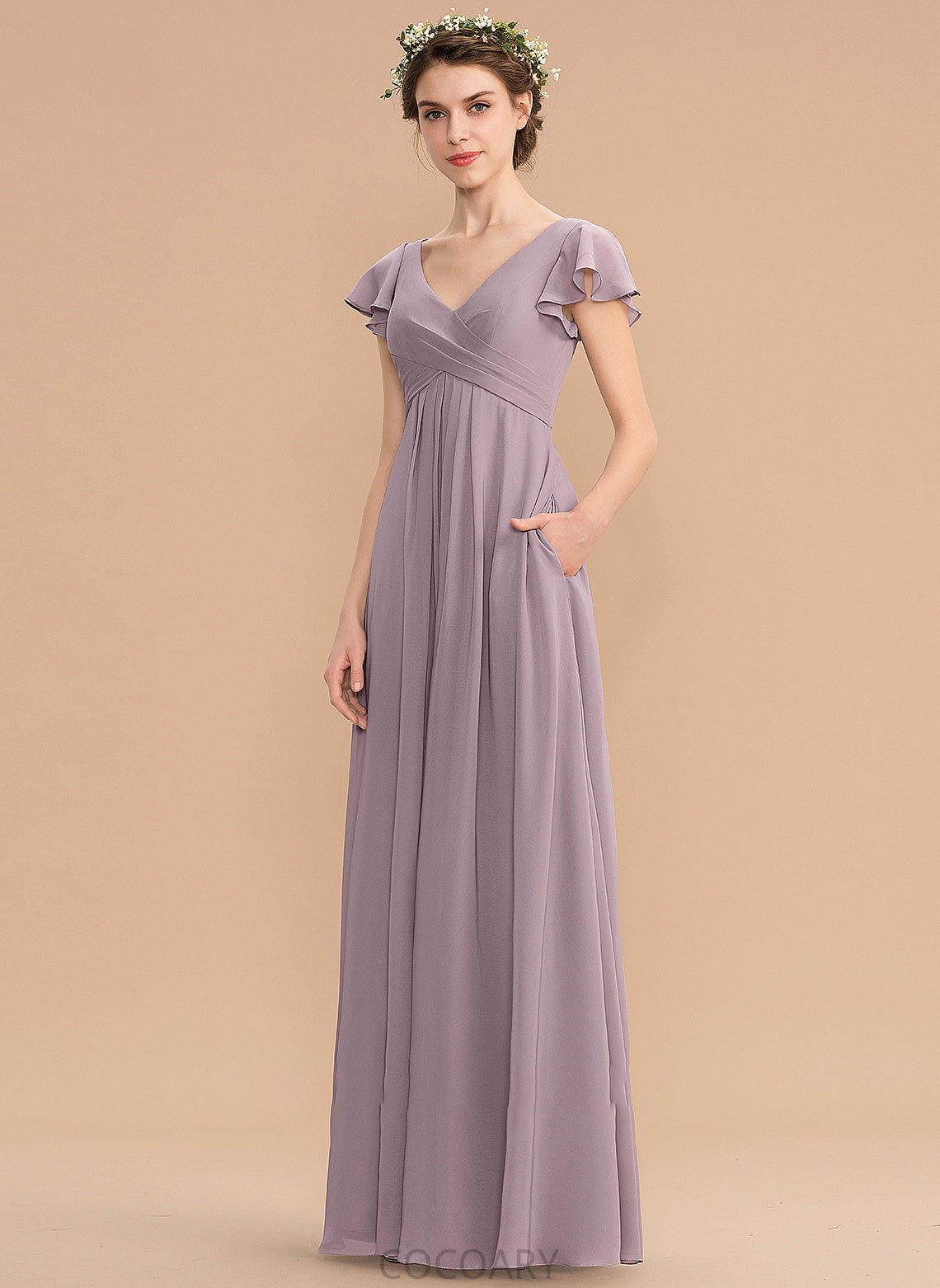 Embellishment Floor-Length Pockets CascadingRuffles Silhouette Length V-neck Fabric A-Line Neckline Alisa Natural Waist Bridesmaid Dresses