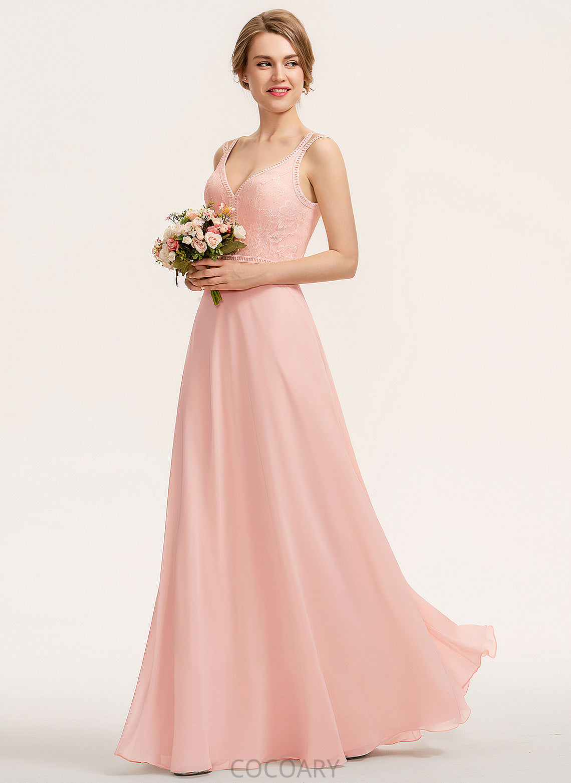 A-Line V-neck Neckline Lace Straps Length Fabric Floor-Length Silhouette Kaitlyn Sleeveless Trumpet/Mermaid Bridesmaid Dresses