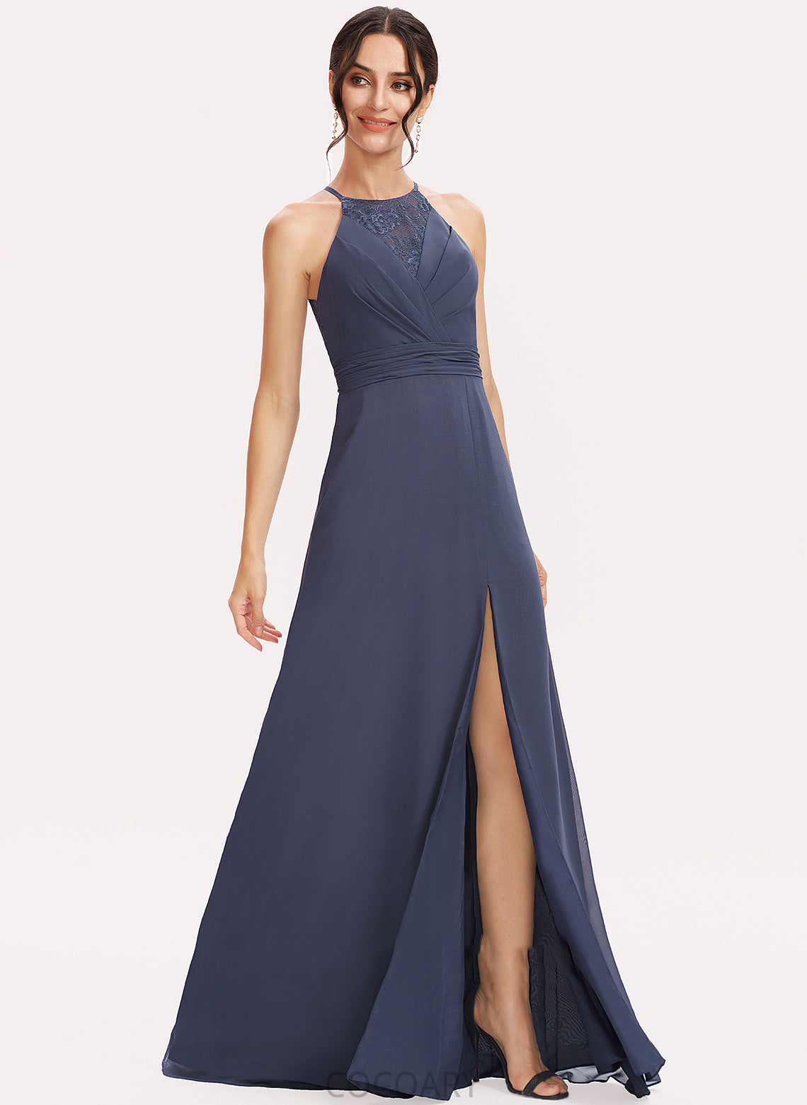 A-Line Length Silhouette Embellishment SplitFront Floor-Length Neckline Lace Halter Fabric Brooke Floor Length Bridesmaid Dresses