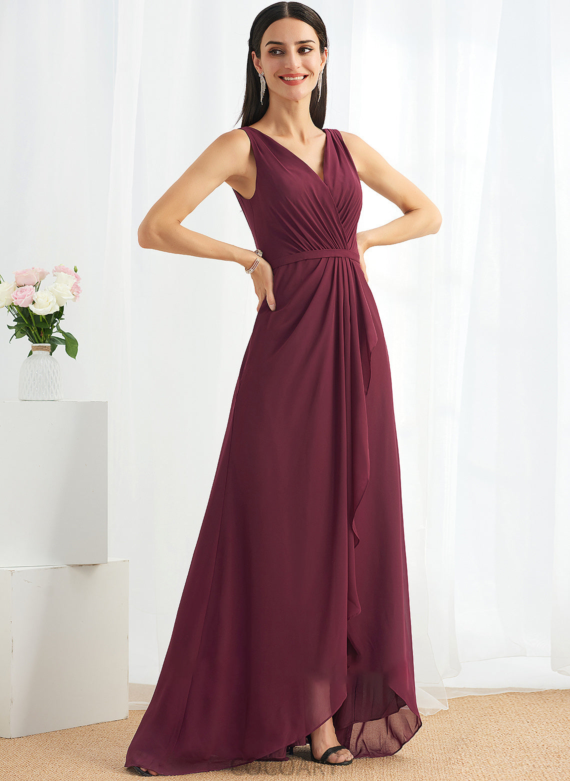 Embellishment A-Line Asymmetrical Silhouette V-neck Fabric SplitFront Length Neckline Adrienne Sleeveless Empire Waist Bridesmaid Dresses