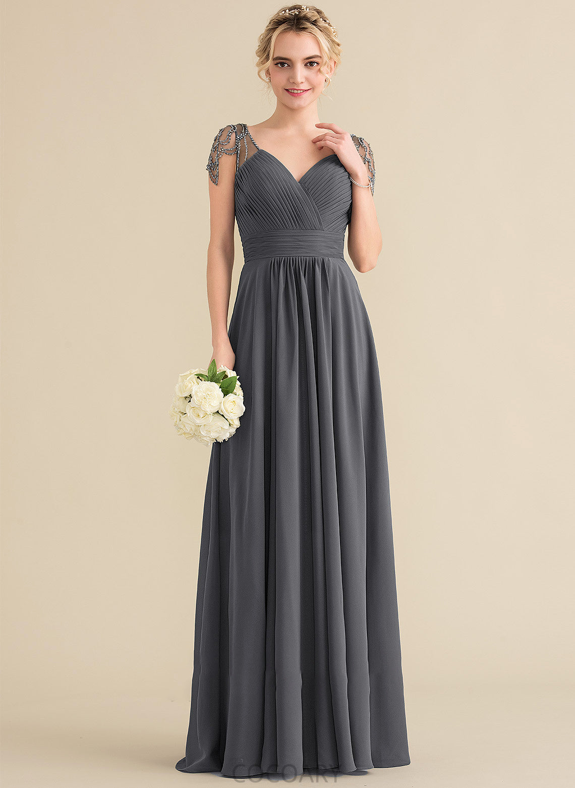 Length Beading Sequins Silhouette Floor-Length Fabric Ruffle V-neck Embellishment Neckline A-Line Karli Bridesmaid Dresses