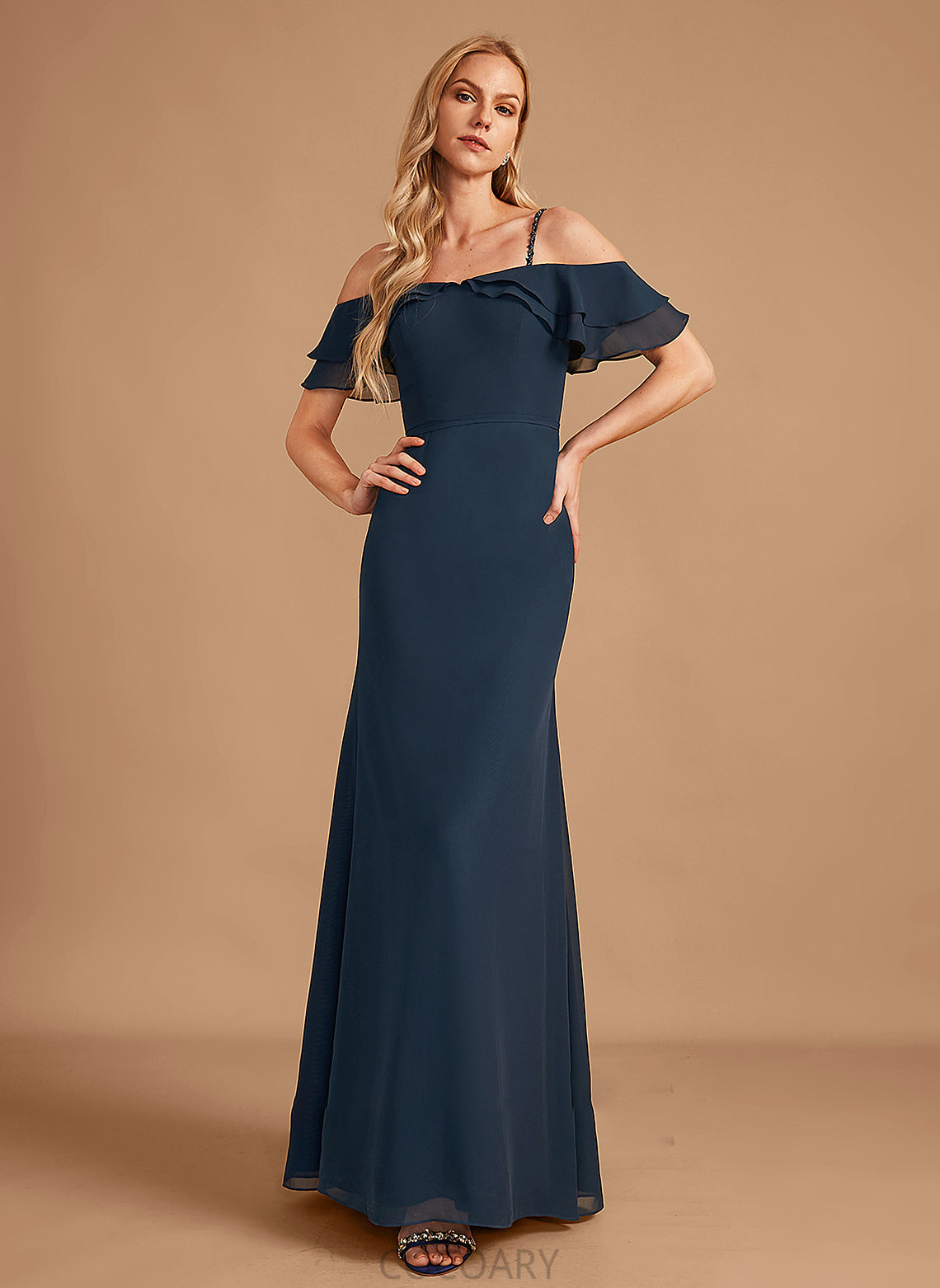 Beading Sheath/Column Neckline Floor-Length Ruffle Fabric Silhouette Embellishment Off-the-Shoulder Length Kenna A-Line/Princess Bridesmaid Dresses