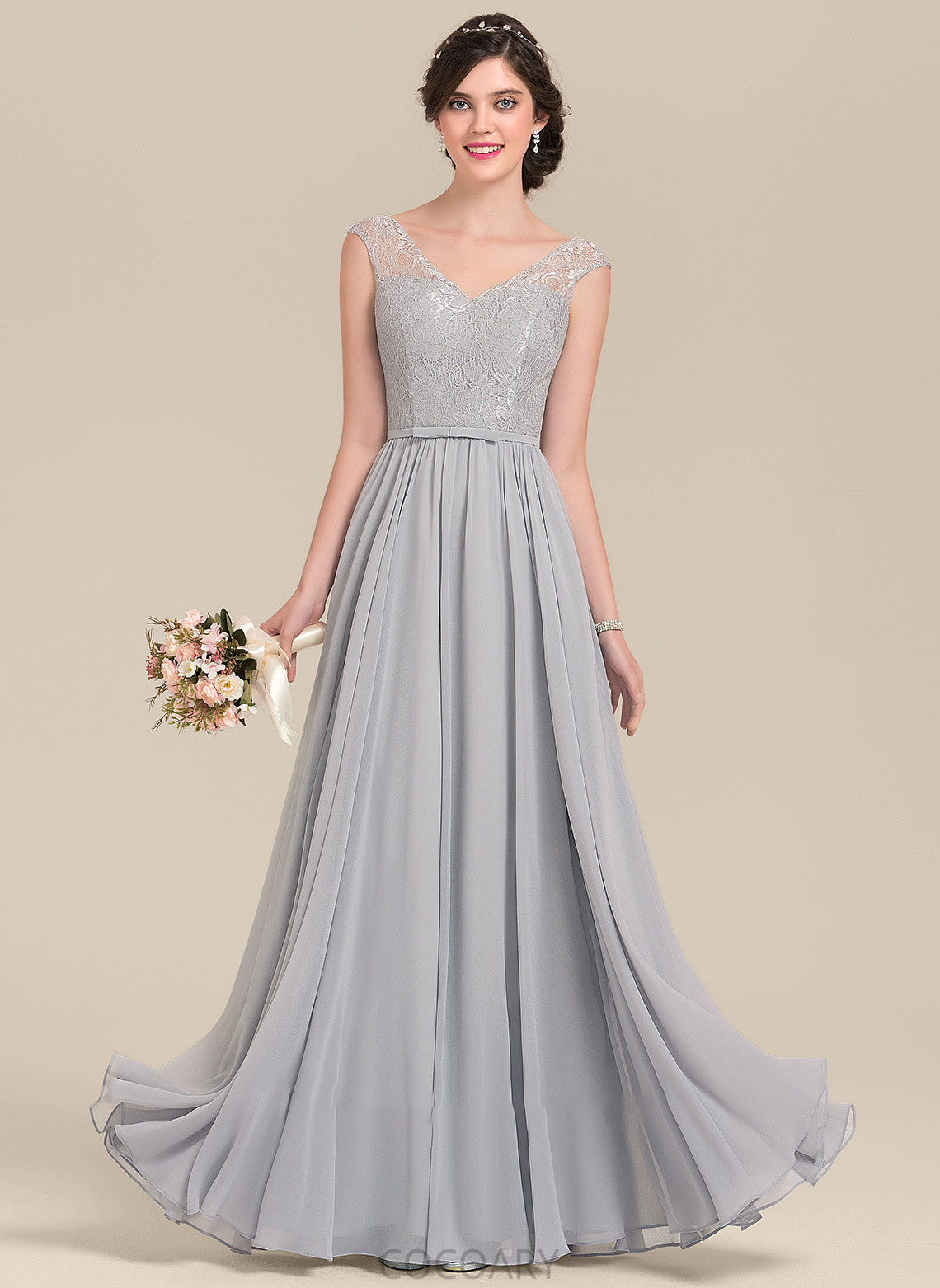 Fabric V-neck Floor-Length Silhouette Length A-Line Neckline Bow(s) Embellishment Melina Sleeveless A-Line/Princess Bridesmaid Dresses