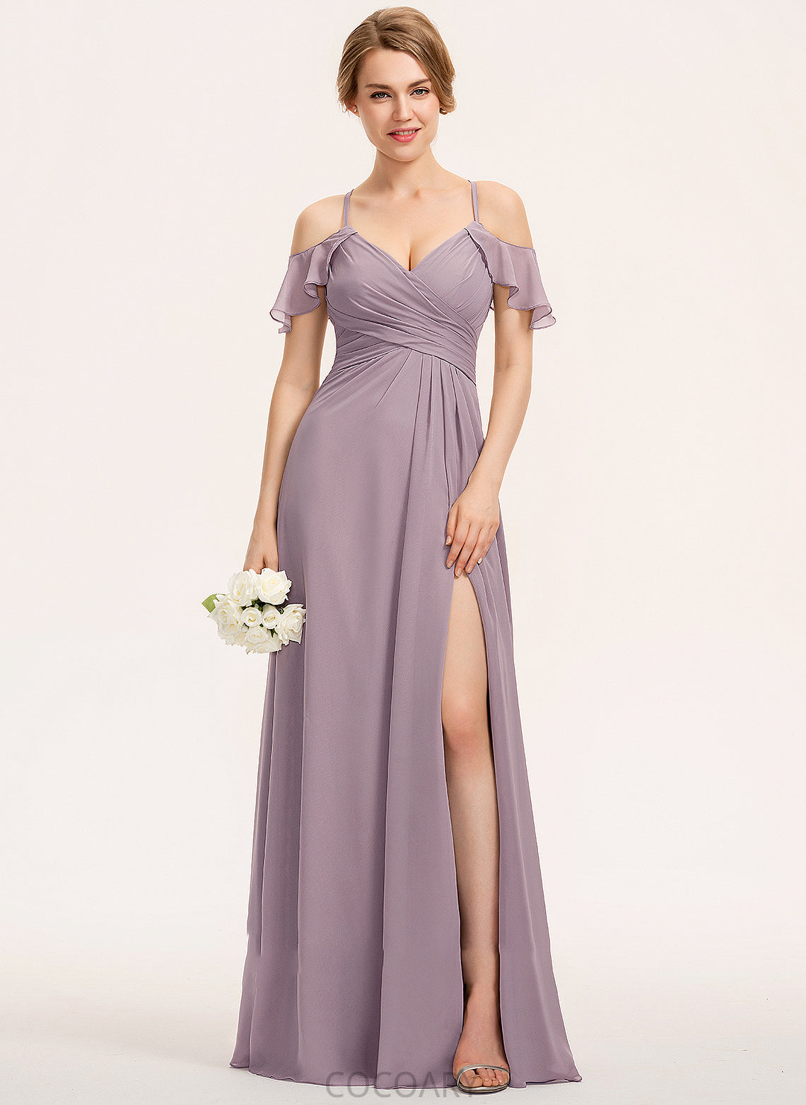 Fabric Length Silhouette CascadingRuffles Floor-Length SplitFront A-Line Ruffle Neckline Embellishment V-neck Nyla Bridesmaid Dresses