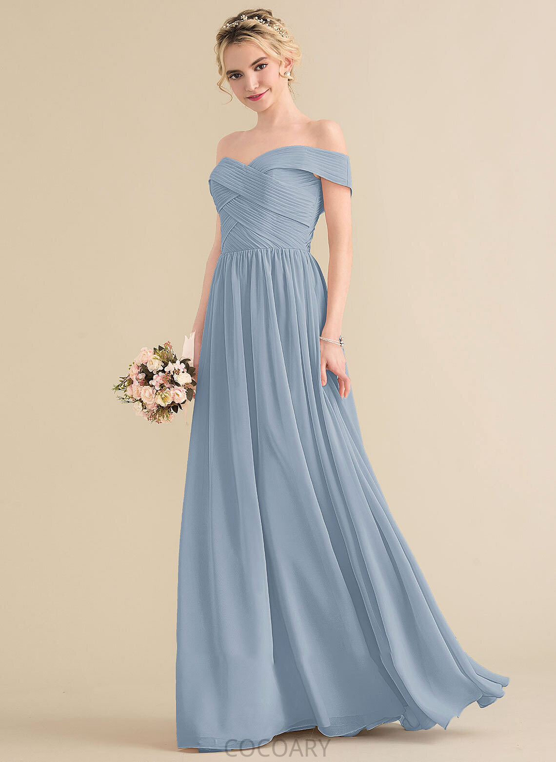 Neckline Off-the-Shoulder Fabric A-Line Silhouette Length Embellishment Floor-Length Ruffle Kayley V-Neck A-Line/Princess Bridesmaid Dresses