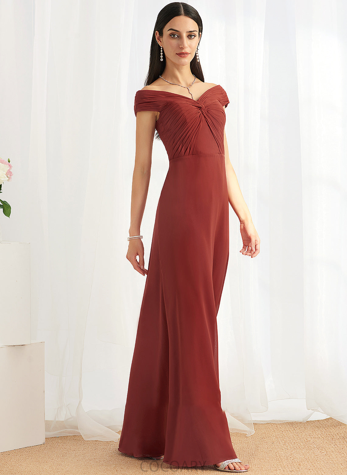 Neckline Floor-Length Sheath/Column Embellishment Fabric Silhouette Ruffle Off-the-Shoulder Length Alina V-Neck Sweep-Brush Train Bridesmaid Dresses