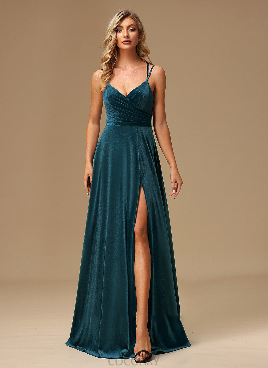 Neckline Floor-Length Fabric Silhouette A-Line SplitFront Embellishment Length V-neck Estrella Floor Length A-Line/Princess Bridesmaid Dresses