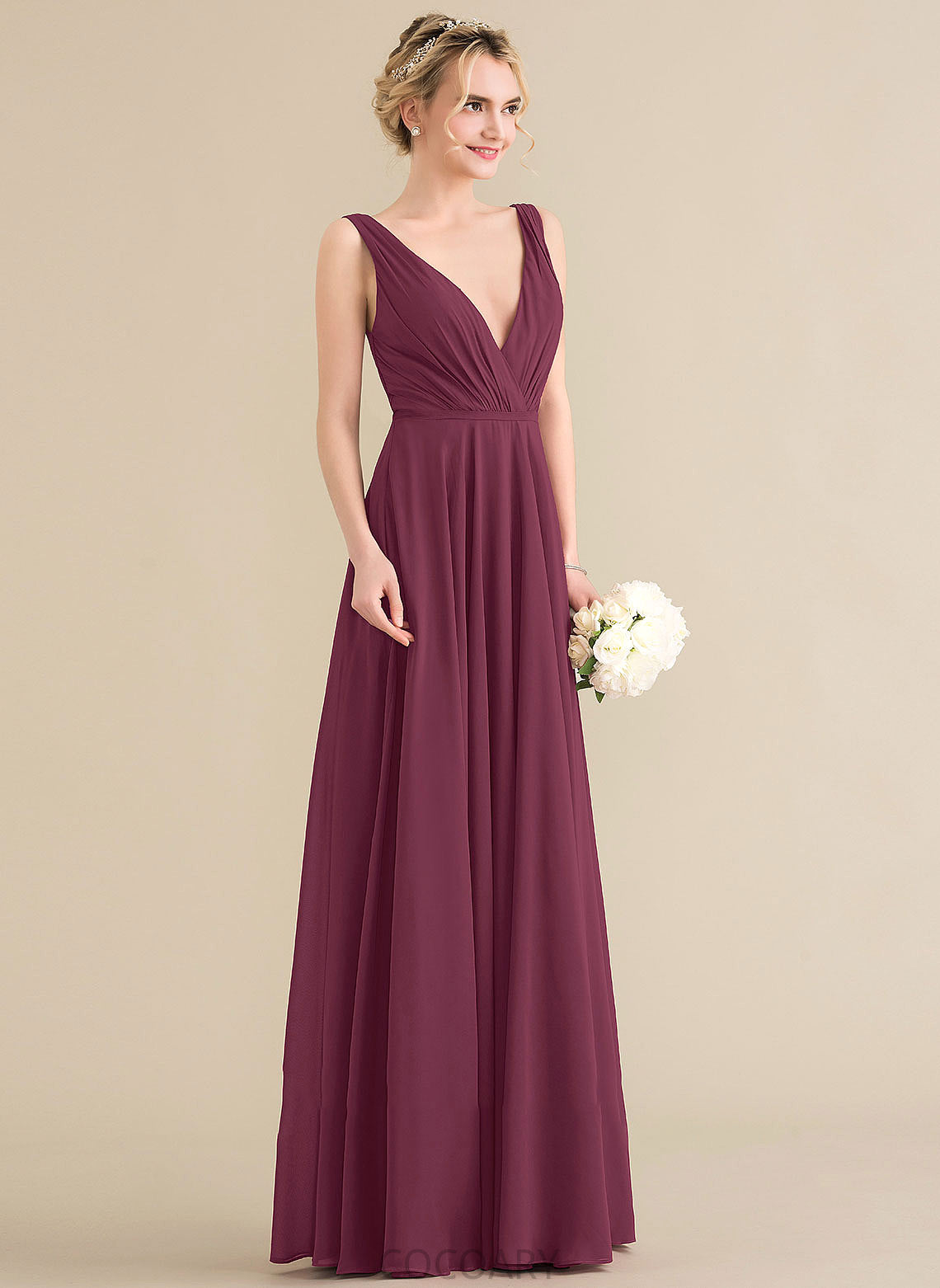 Neckline Ruffle Fabric Embellishment Floor-Length Length A-Line Silhouette V-neck Mia Sleeveless Spaghetti Staps Bridesmaid Dresses