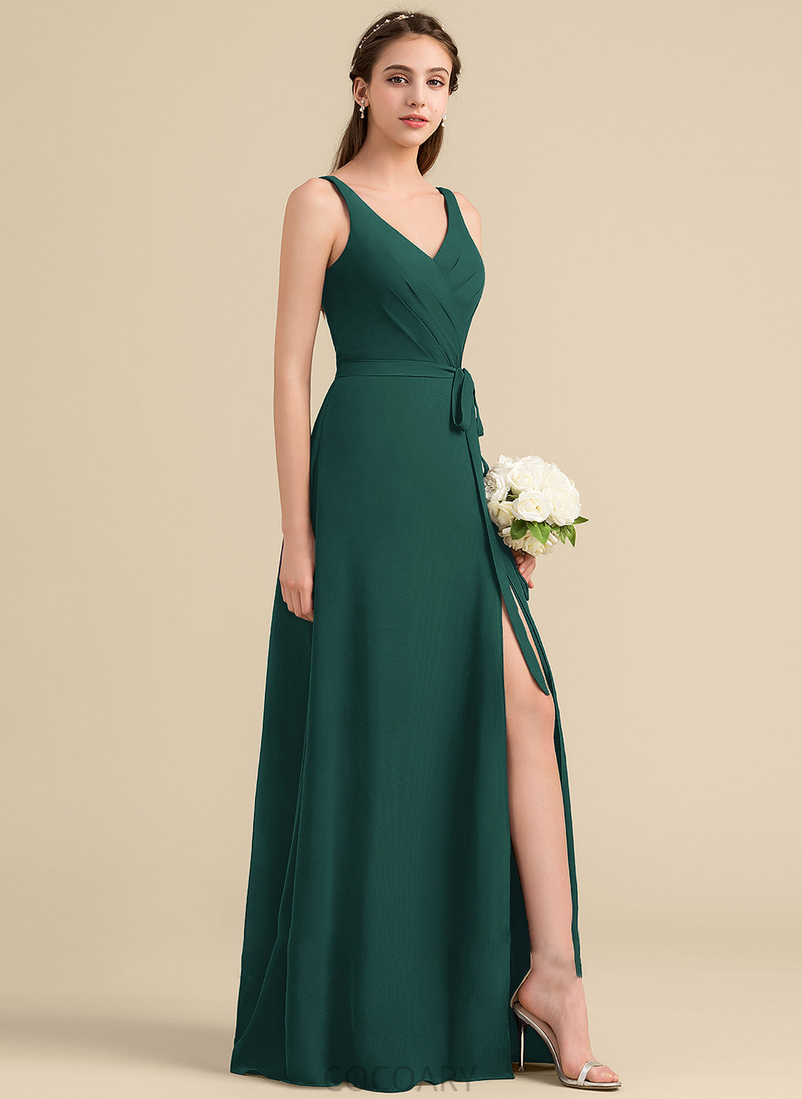 Bow(s) Floor-Length Fabric SplitFront V-neck Ruffle Silhouette Neckline Length A-Line Embellishment Jasmin Bridesmaid Dresses