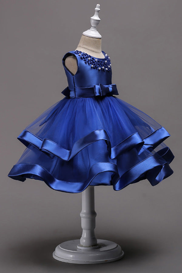 Cute Blue Satin Round Neck With Beaded Ball Gown Flower Girl Dresses